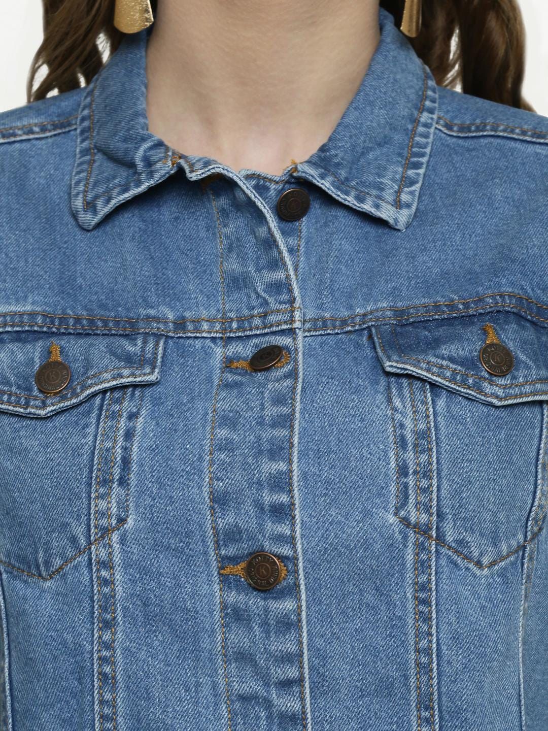 Kotty Women Blue Solid Denim Crop Jacket