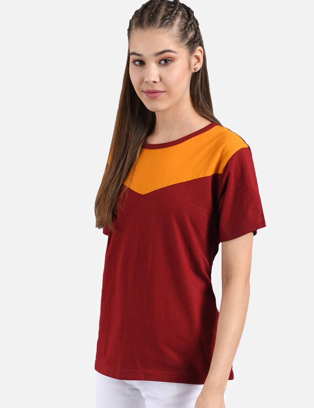 Kotty Women Yellow Colourblocked Round Neck T-shirt