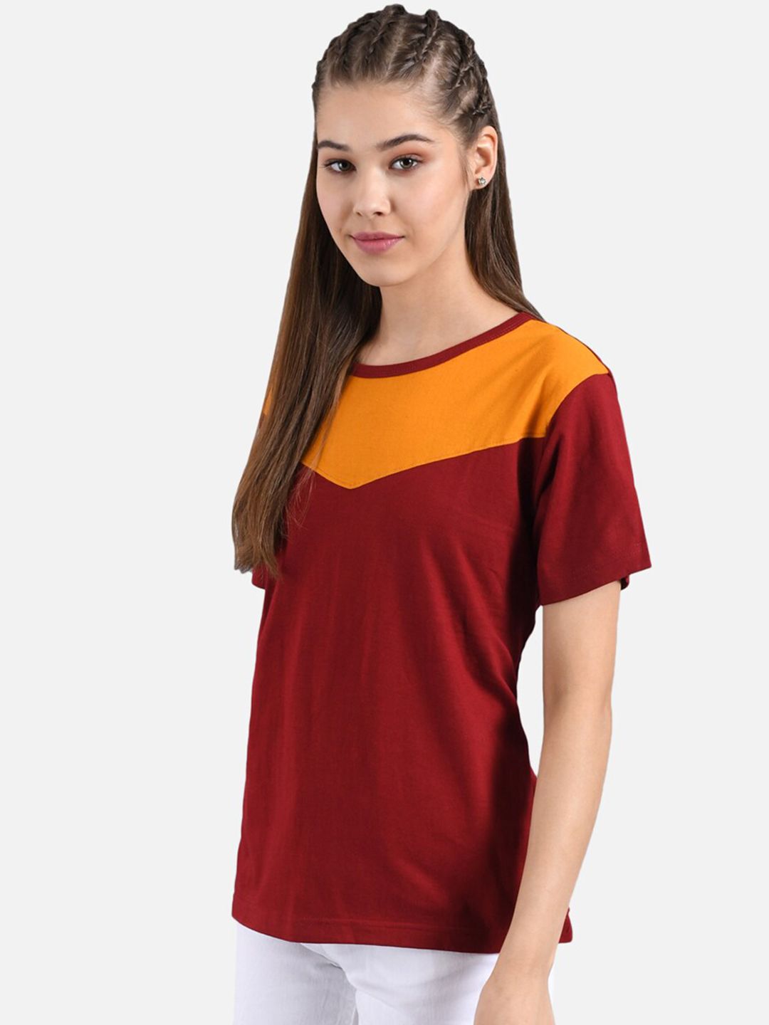 Kotty Women Yellow Colourblocked Round Neck T-shirt