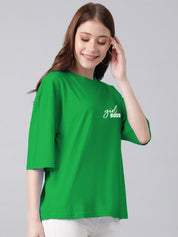 Kotty Typography Printed Round Neck Drop-Shoulder Sleeves Oversized T-shirt