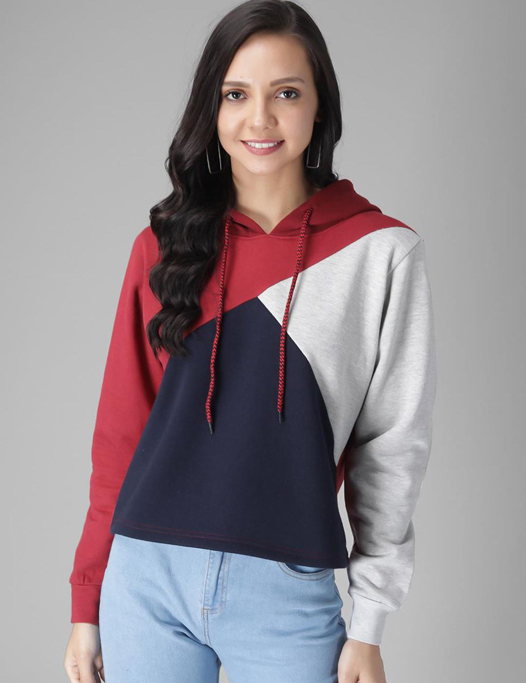 Kotty Women Maroon & Black Colourblocked Hooded Sweatshirt