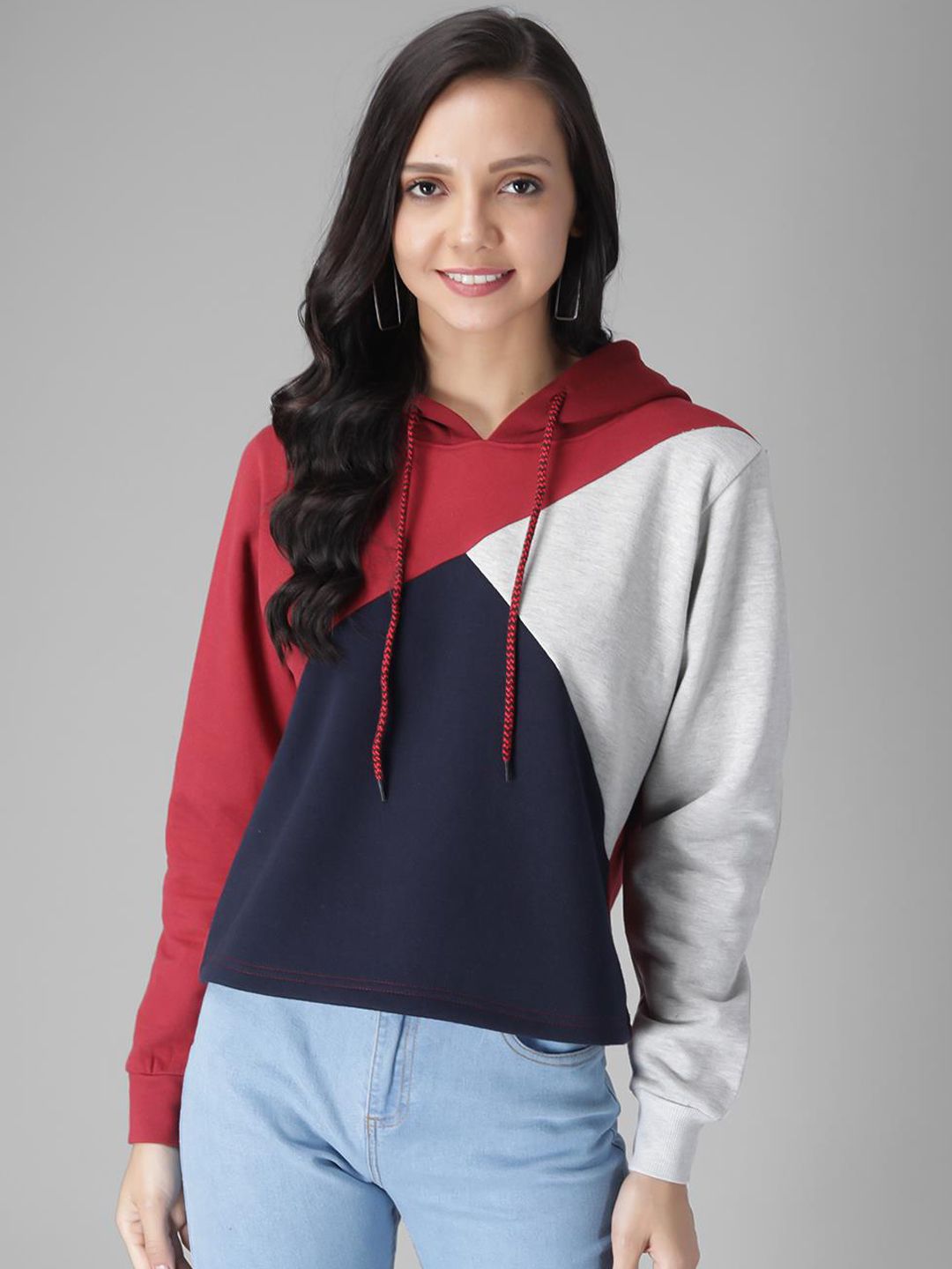 Kotty Women Maroon & Black Colourblocked Hooded Sweatshirt