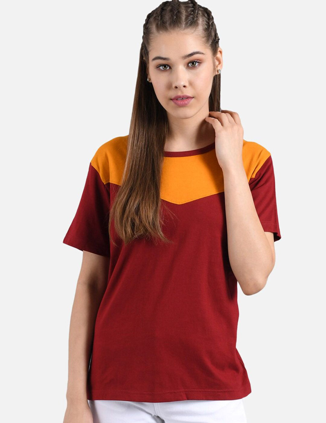 Kotty Women Yellow Colourblocked Round Neck T-shirt