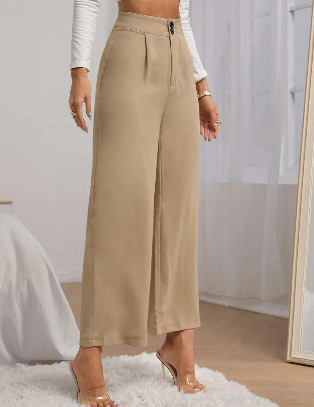 Kotty Women Beige Relaxed Straight Fit High-Rise Easy Wash Pleated Trousers