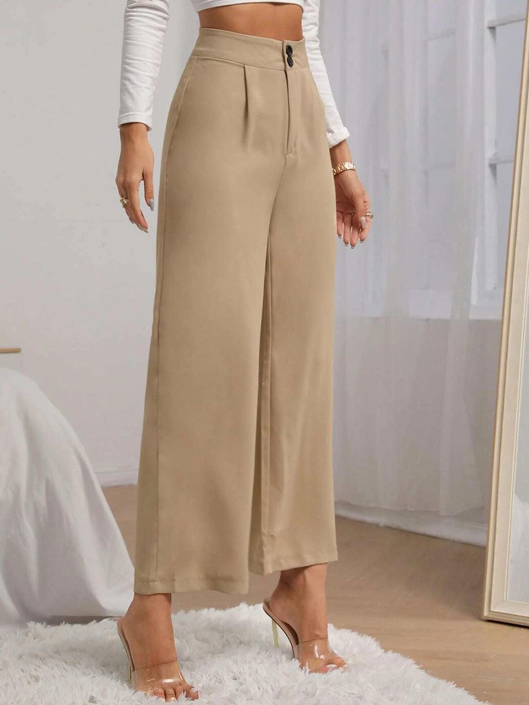 Kotty Women Beige Relaxed Straight Fit High-Rise Easy Wash Pleated Trousers