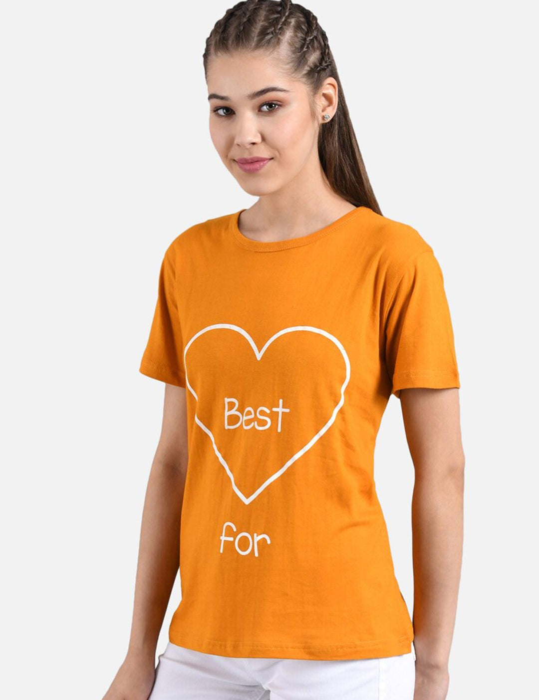 Kotty Orange & White Graphic Printed Round Neck Regular Fit Cotton Casual T-Shirt