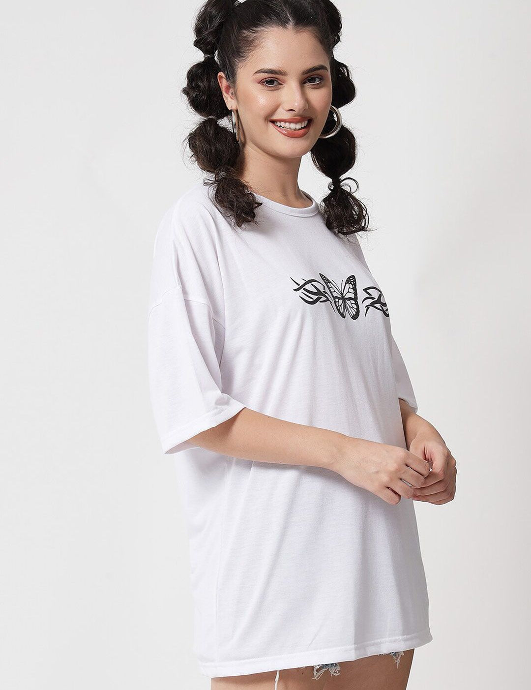Kotty Women White Typography Printed Oversized T-shirt
