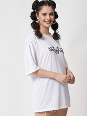 Kotty Women White Typography Printed Oversized T-shirt