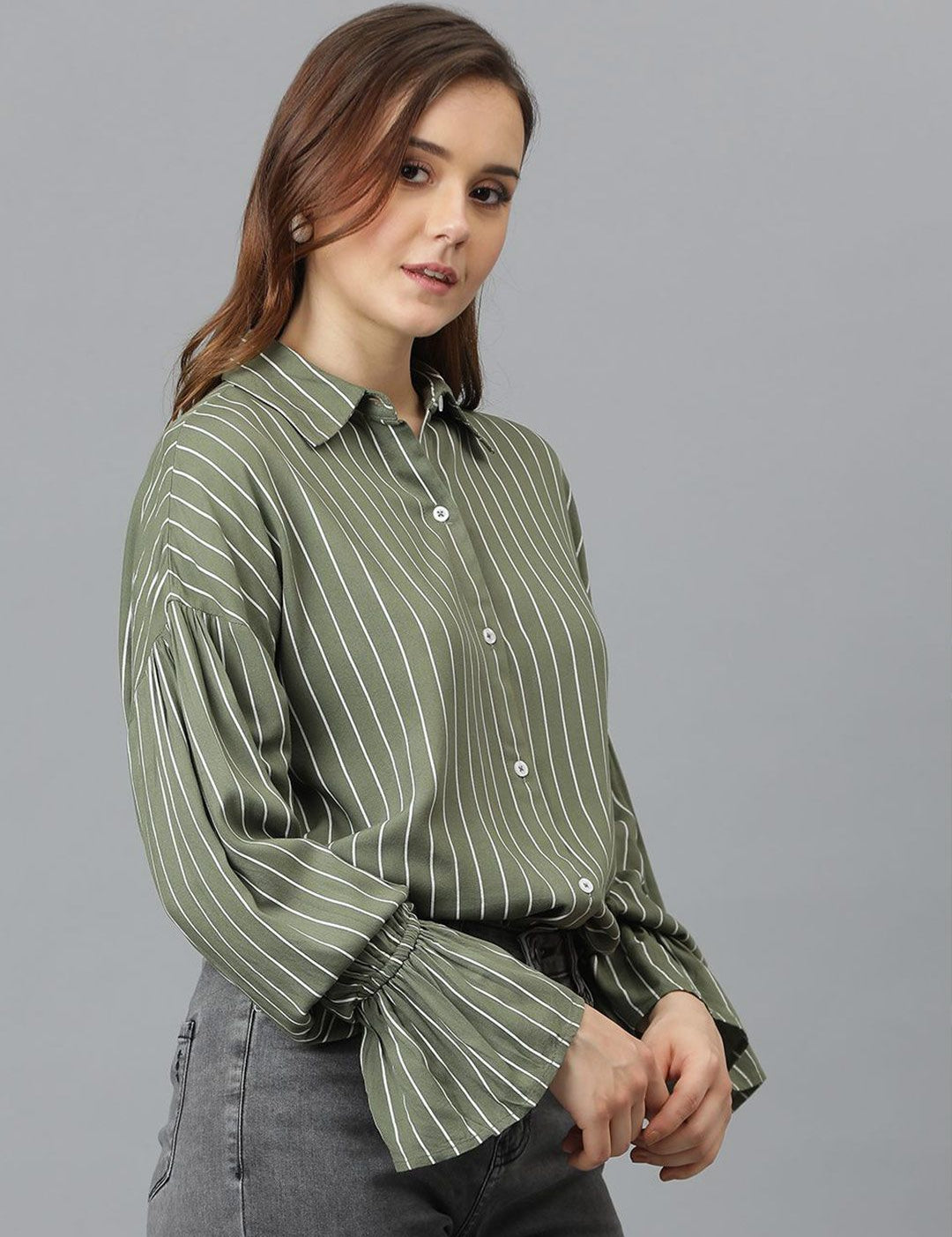 Kotty Women Spread Collar Vertical Striped Cotton Oversized Casual Shirt