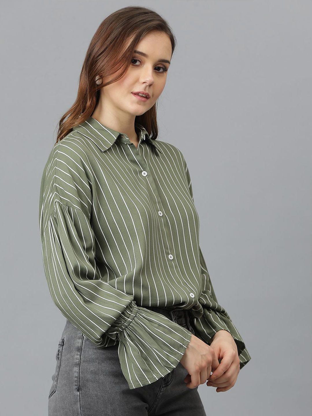 Kotty Women Spread Collar Vertical Striped Cotton Oversized Casual Shirt