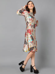 Kotty Off White & Black Ethnic Motifs Printed Puffed Sleeves A-Line Dress