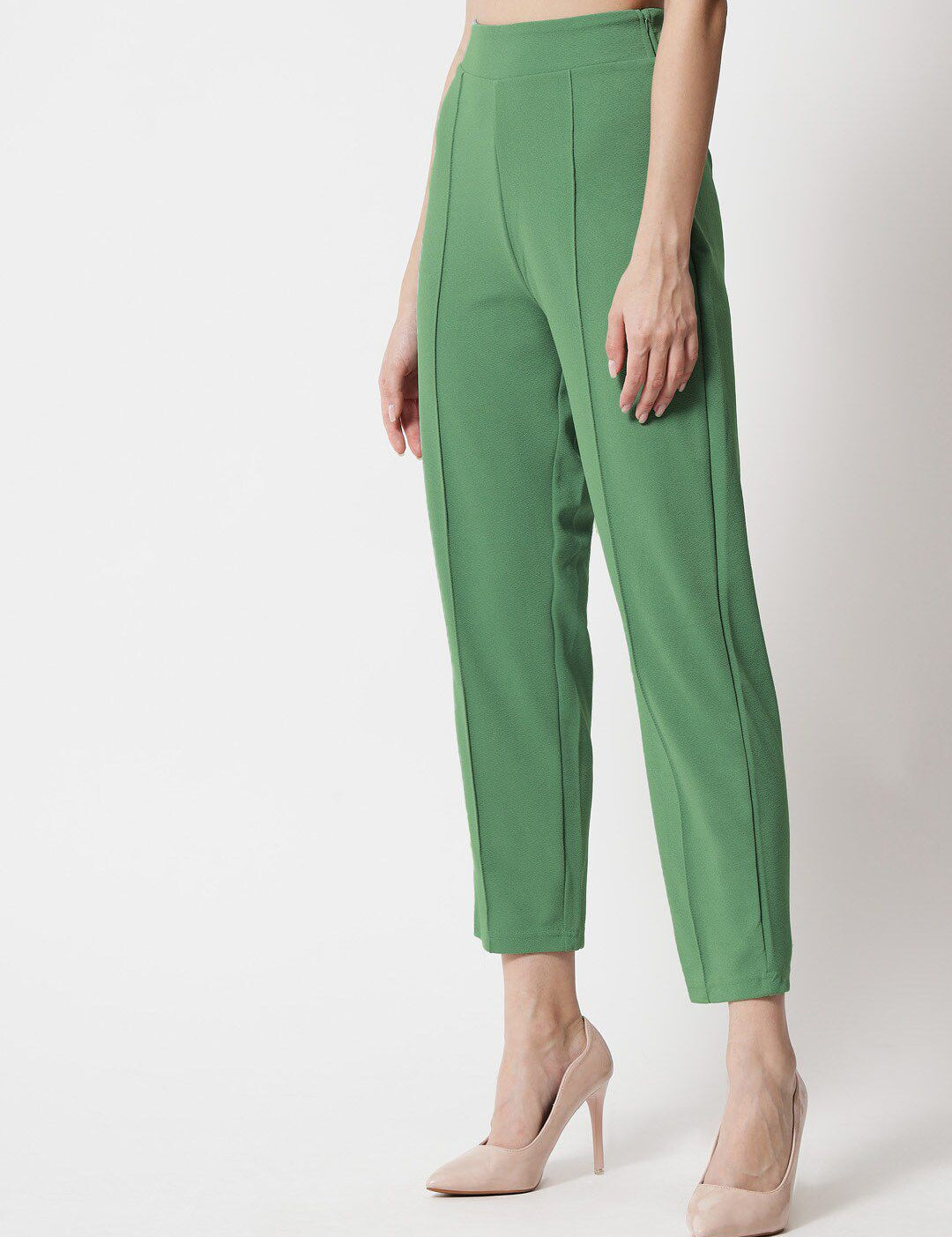 Kotty Women Green Comfort Straight Fit High-Rise Easy Wash Pleated Trousers