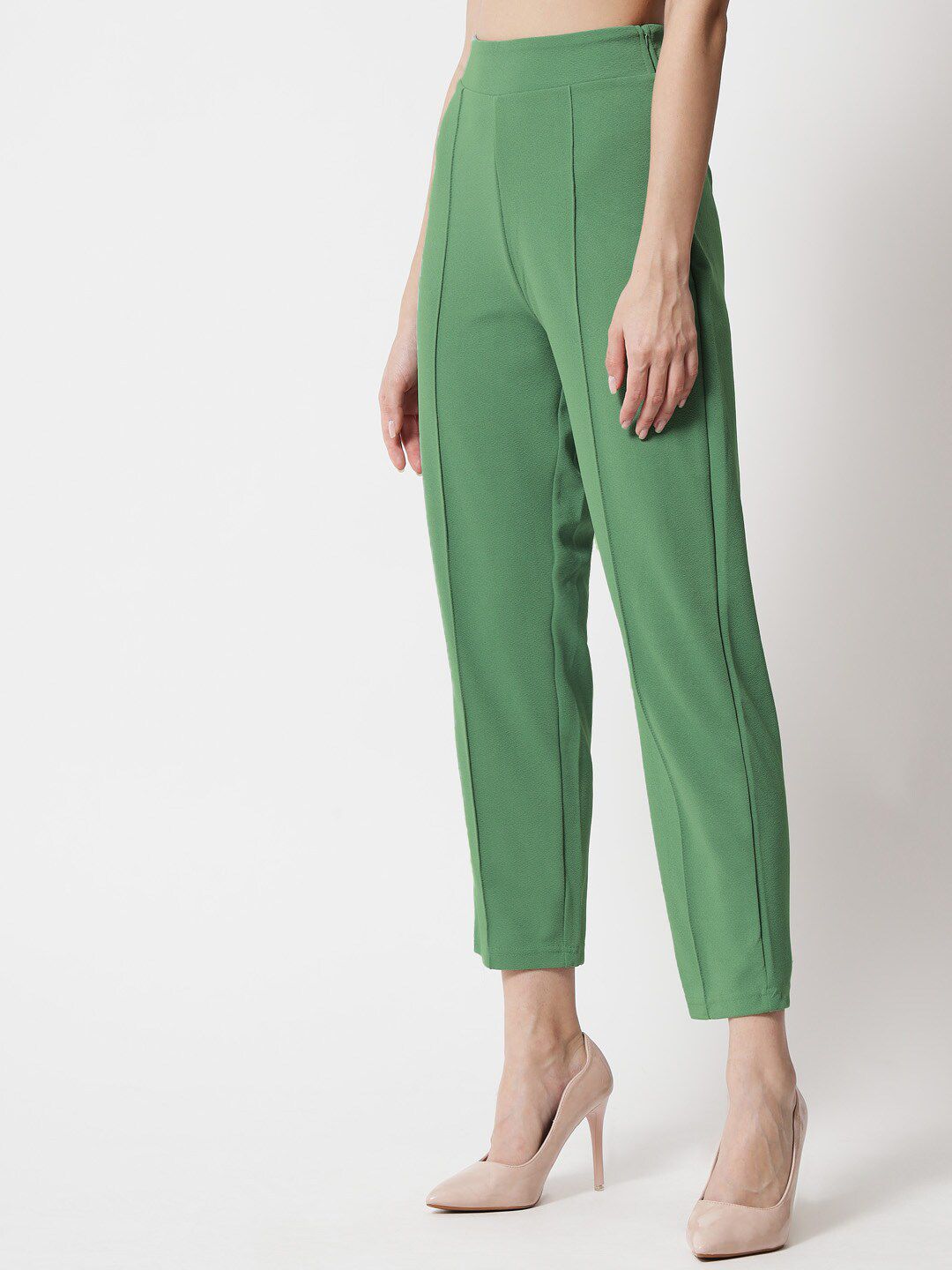 Kotty Women Green Comfort Straight Fit High-Rise Easy Wash Pleated Trousers
