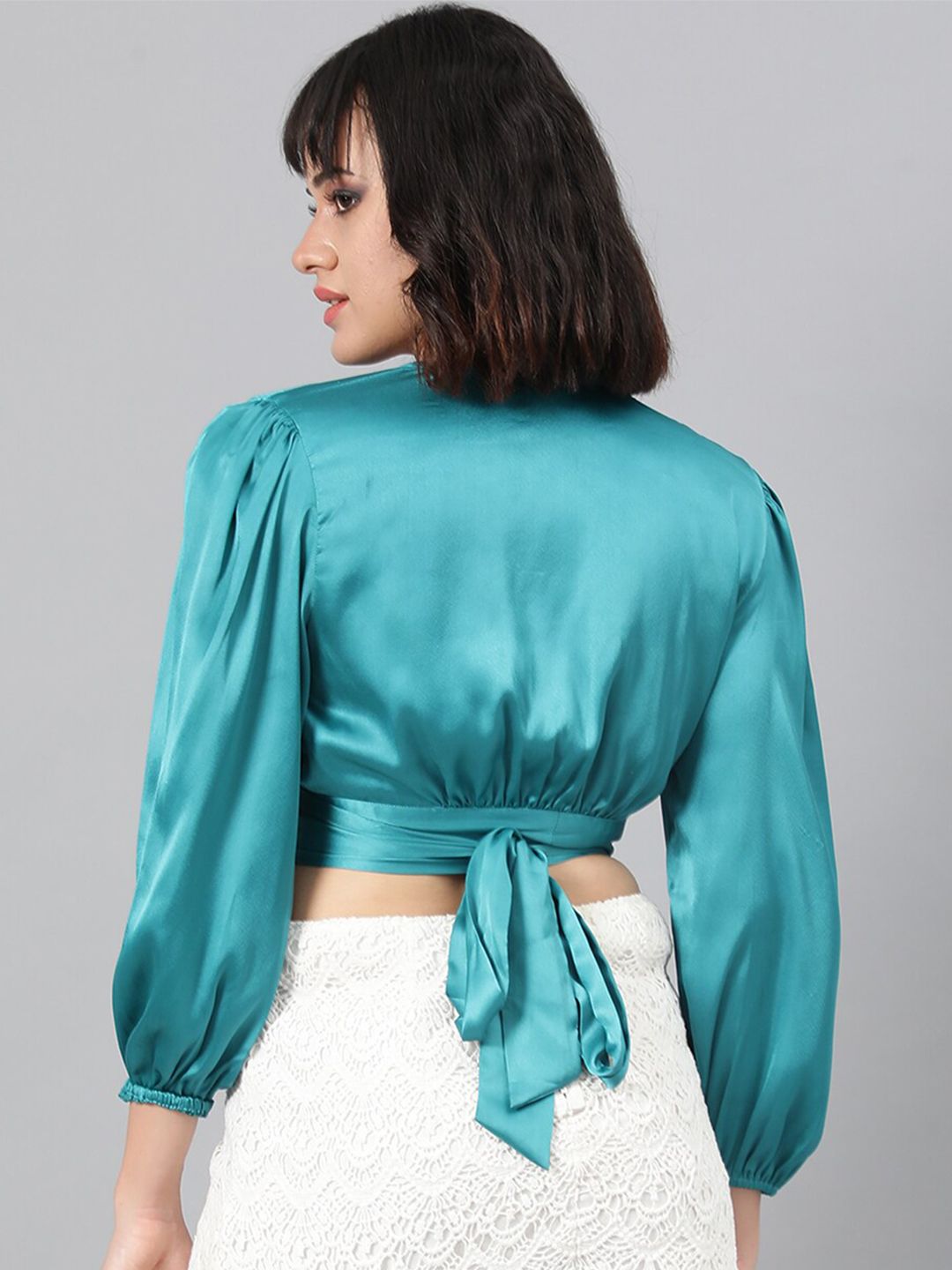 Kotty Satin Puff Sleeve Wrap Crop Top
