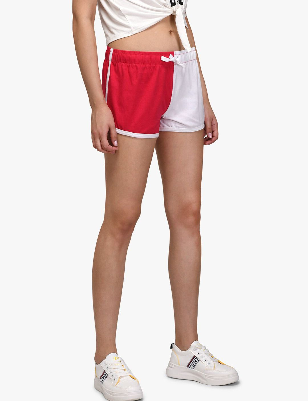 Kotty Women Red And White Colourblocked Regular Fit Hot Pants