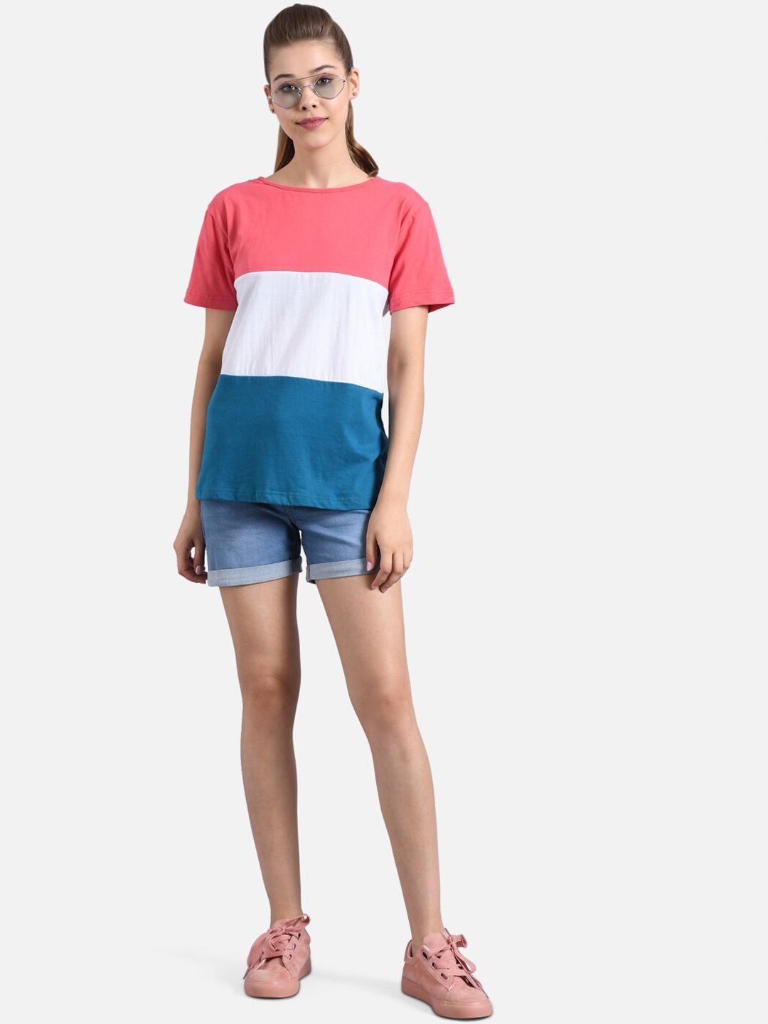 Kotty Women Pink & White Colourblocked Round Neck T-shirt