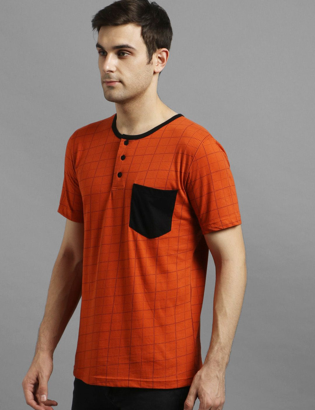 Kotty Men Orange Checked Henley Neck T-shirt