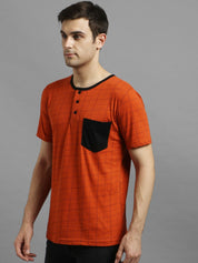 Kotty Men Orange Checked Henley Neck T-shirt