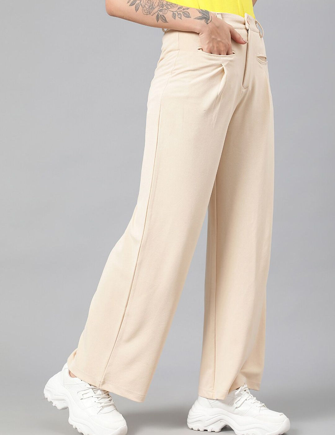 Kotty Women Beige High-Rise Relaxed Straight Leg Straight Fit Easy Wash Trousers