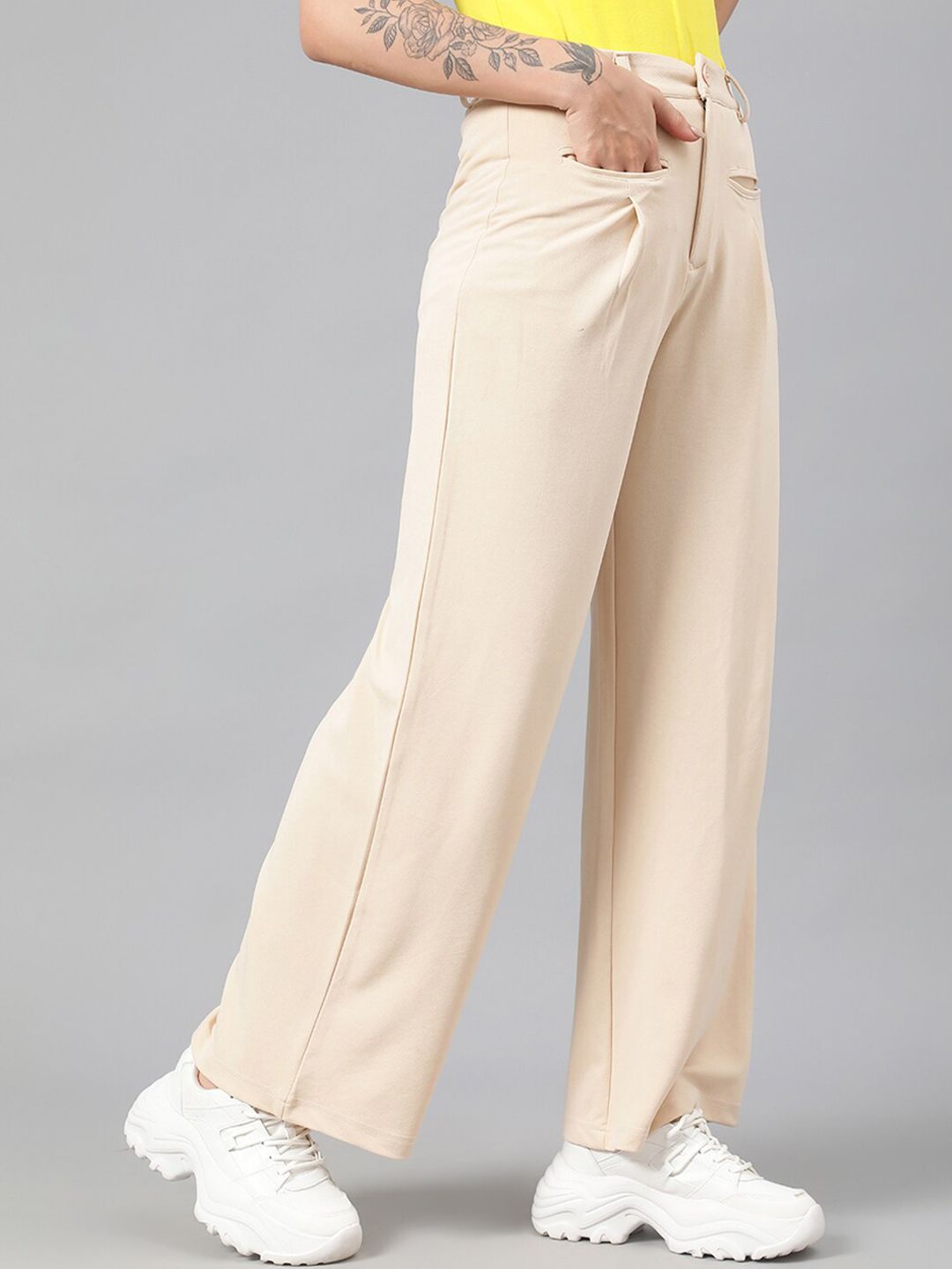 Kotty Women Beige High-Rise Relaxed Straight Leg Straight Fit Easy Wash Trousers