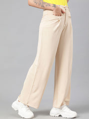 Kotty Women Beige High-Rise Relaxed Straight Leg Straight Fit Easy Wash Trousers