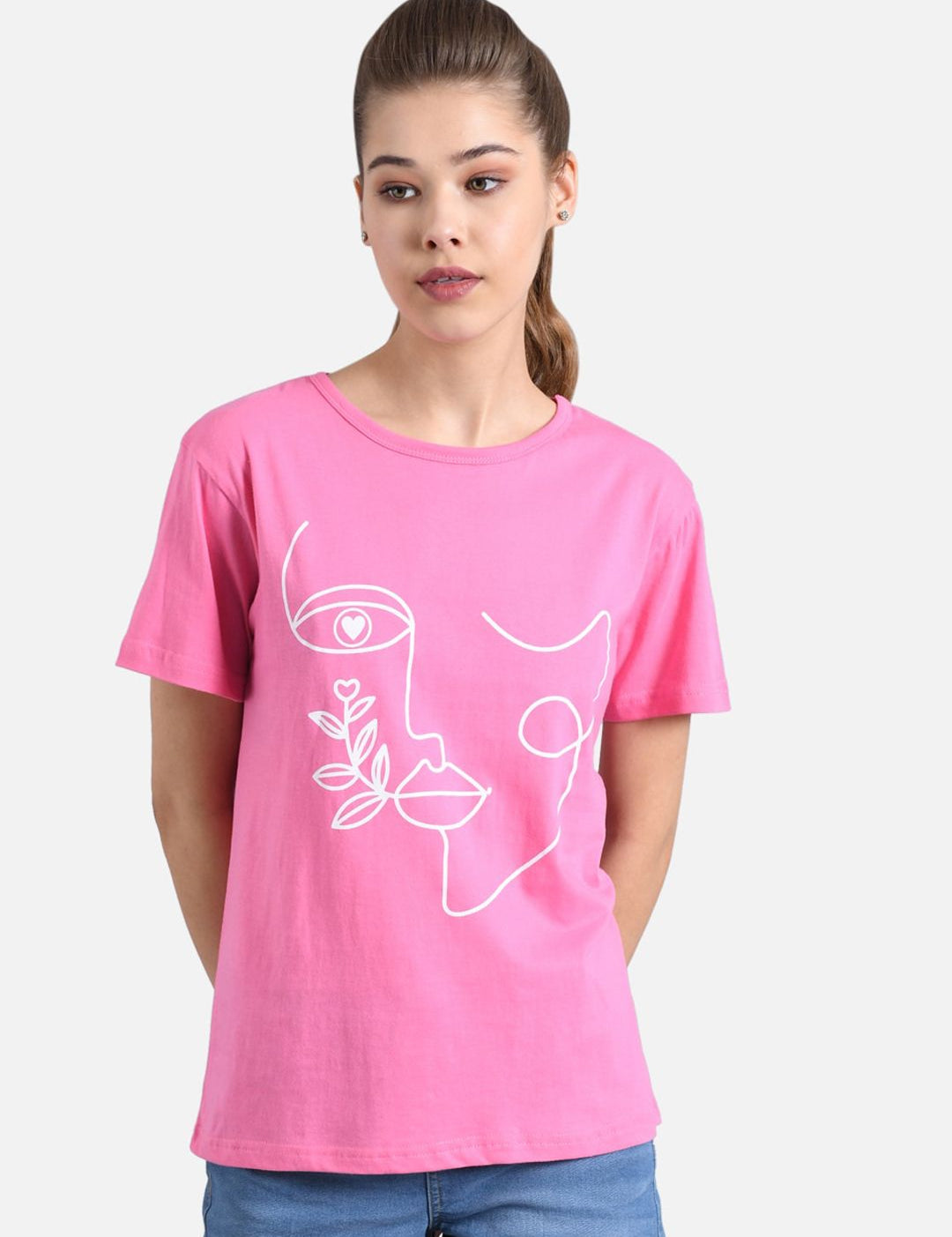 Kotty Women Pink & White Printed Round Neck T-shirt