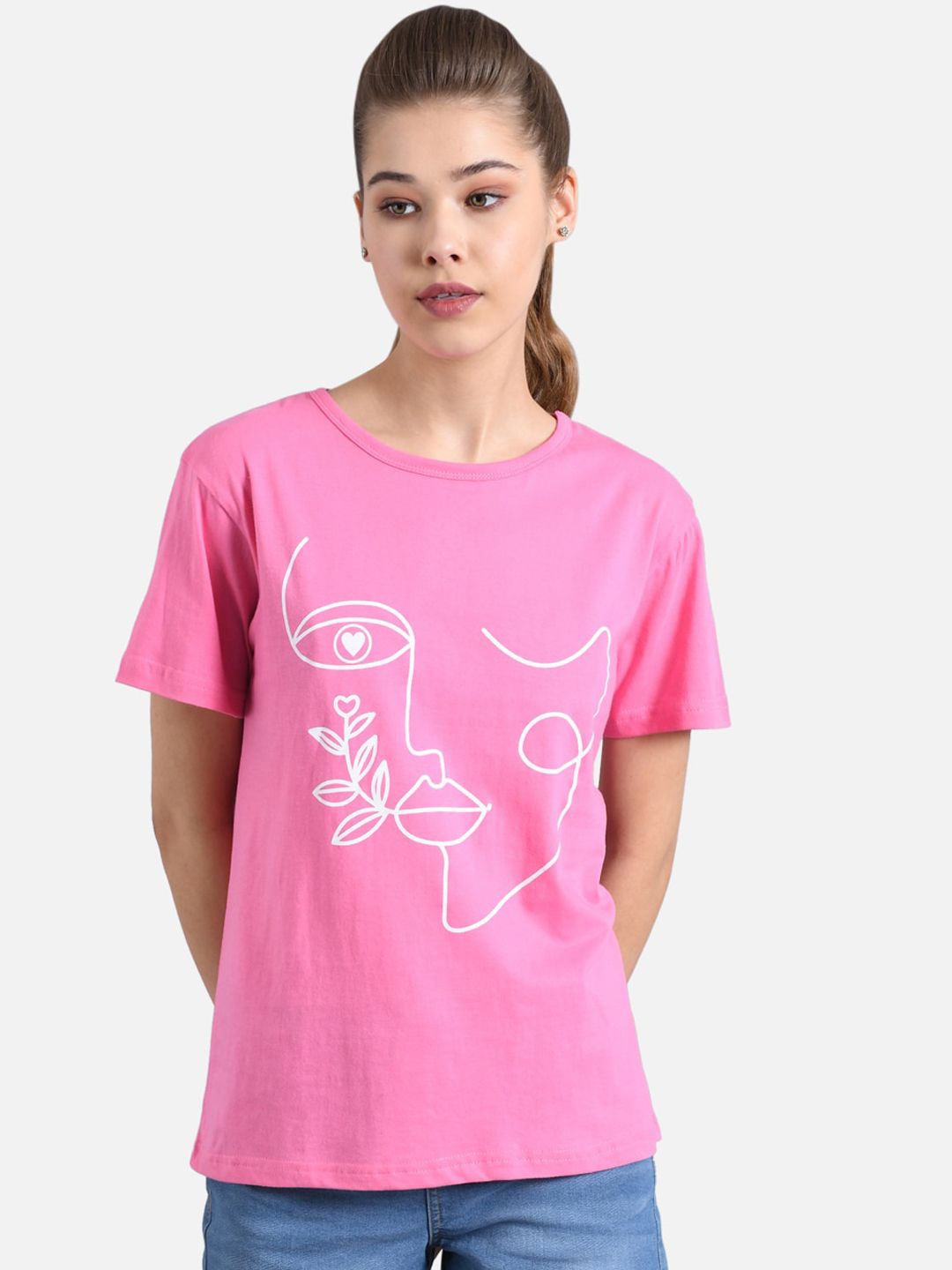Kotty Women Pink & White Printed Round Neck T-shirt