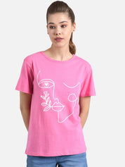 Kotty Women Pink & White Printed Round Neck T-shirt