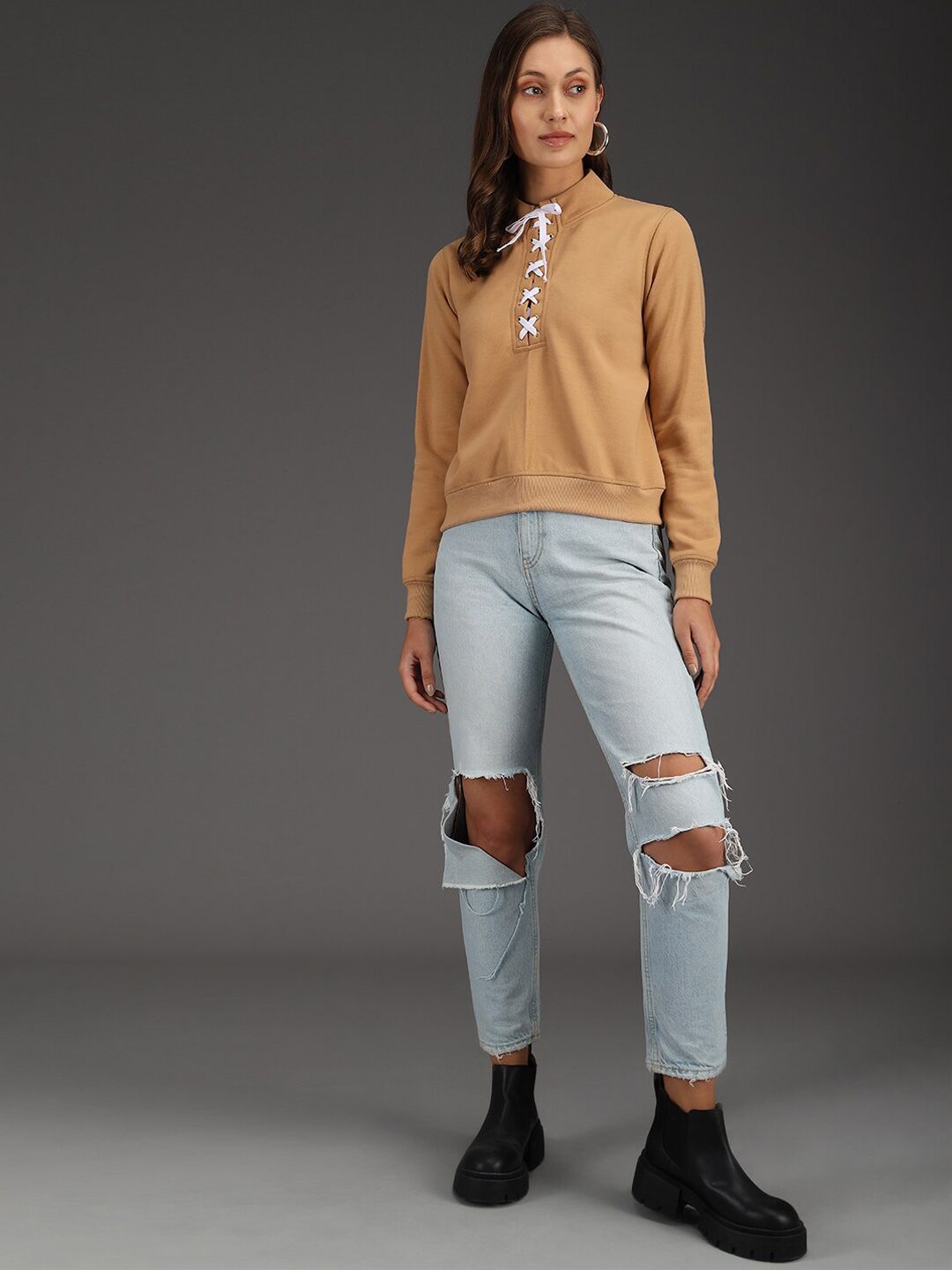 Kotty Women Beige Fleece Sweatshirt