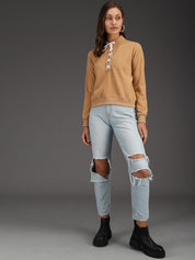 Kotty Women Beige Fleece Sweatshirt