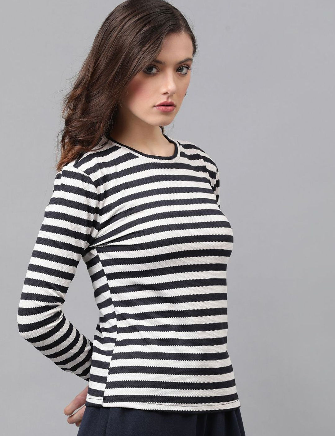 KOTTY Basics Striped Monochrome Round Neck Cotton Top