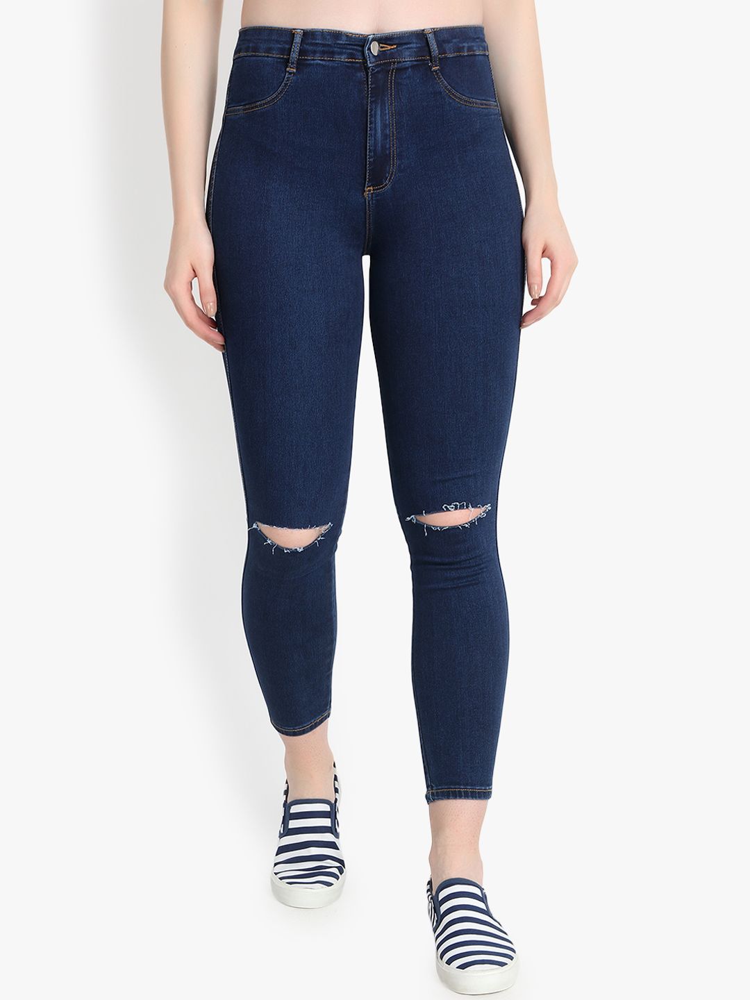 Kotty Women Blue Skinny Fit High-Rise Slash Knee Cropped Jeans