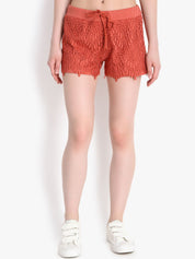 Kotty Women Rust Orange Self Design Regular Fit Hot Pants