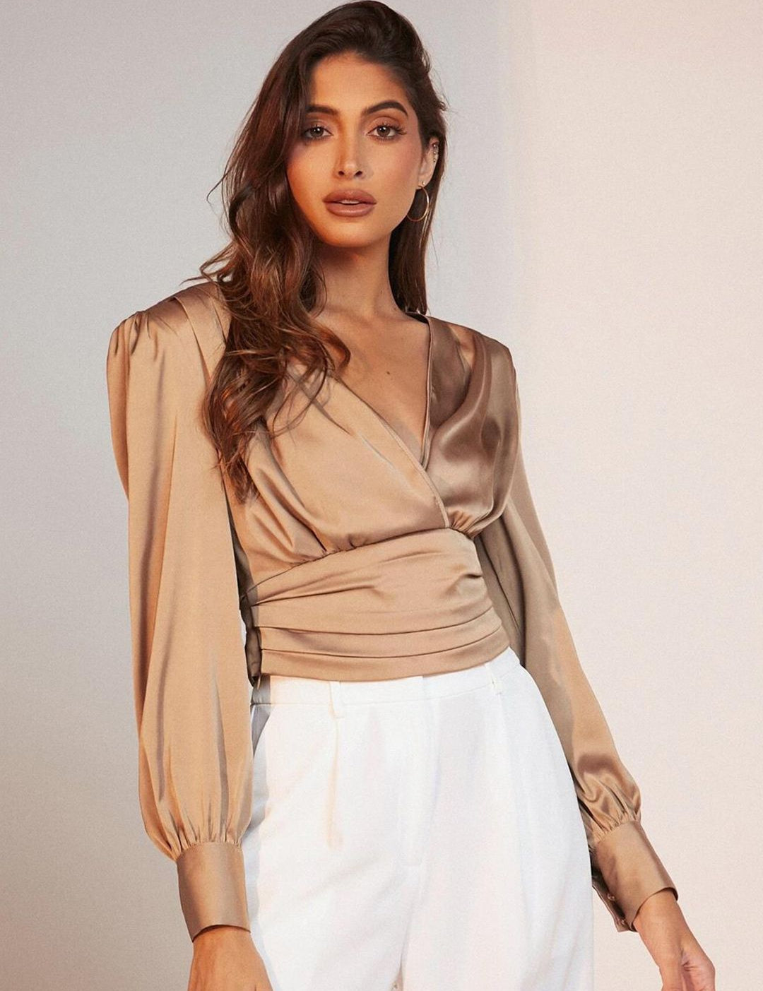 Kotty Brown Cuff Sleeves Satin Top