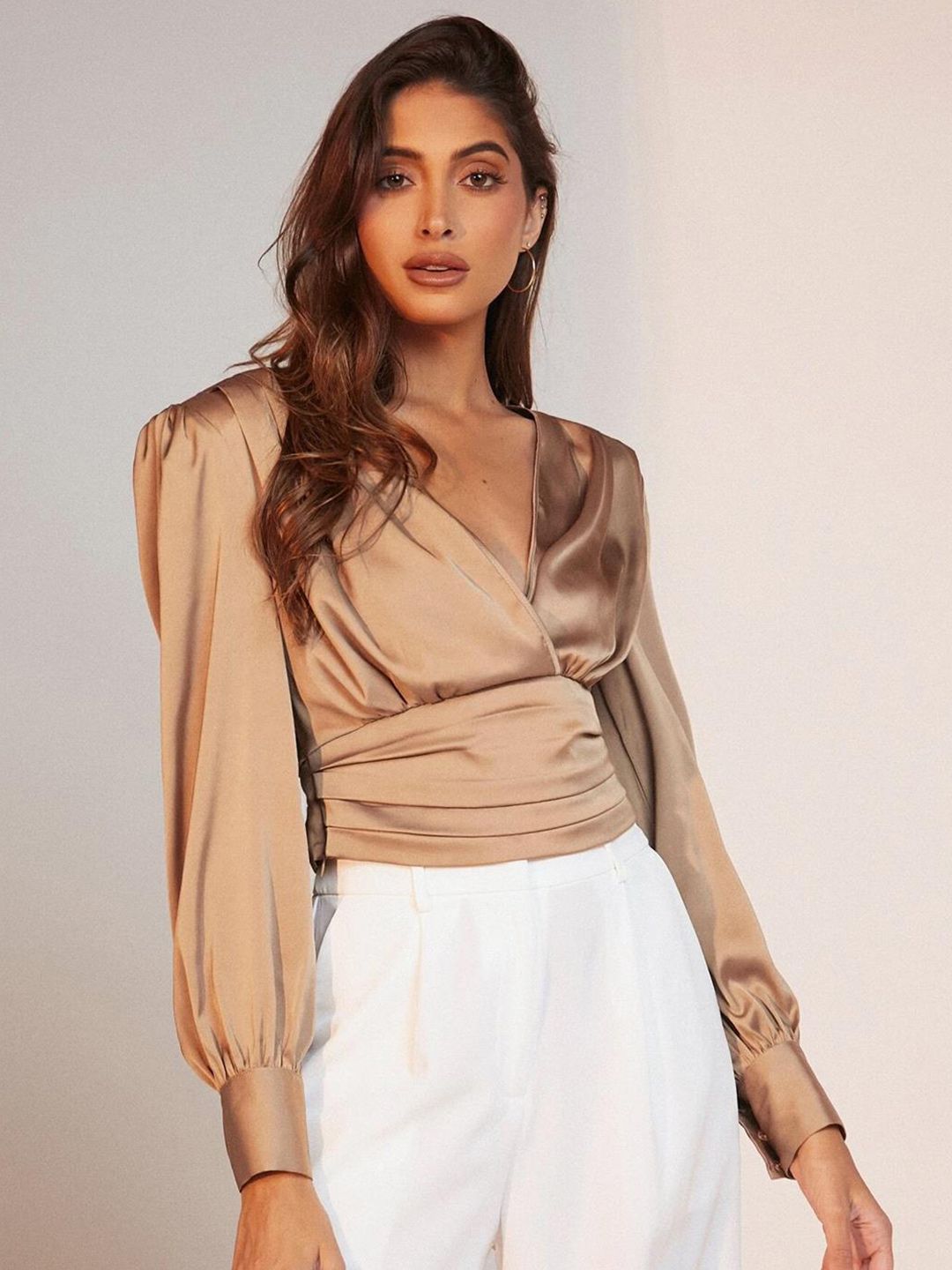 Kotty Brown Cuff Sleeves Satin Top