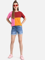 Kotty Women Red & Pink Colourblocked Round Neck T-shirt