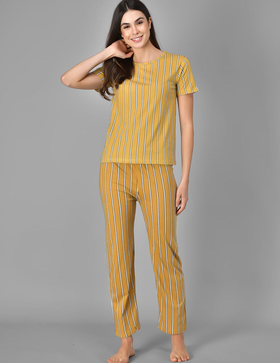 Kotty Women Yellow & White Striped Night Suit