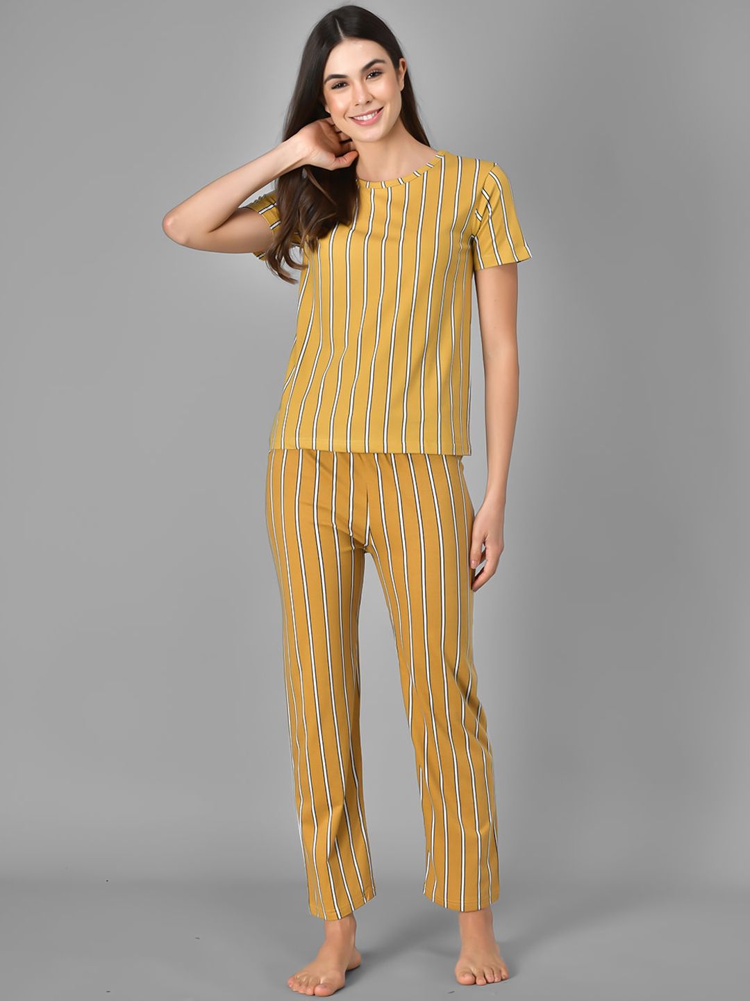 Kotty Women Yellow & White Striped Night Suit