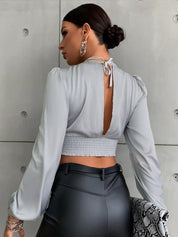 Kotty Solid V-Neck  Cinched Waist Ruched Crop Top