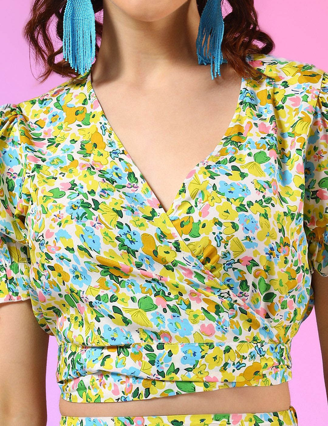 Kotty Yellow Floral Printed V-Neck Top With Skirt