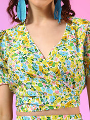 Kotty Yellow Floral Printed V-Neck Top With Skirt
