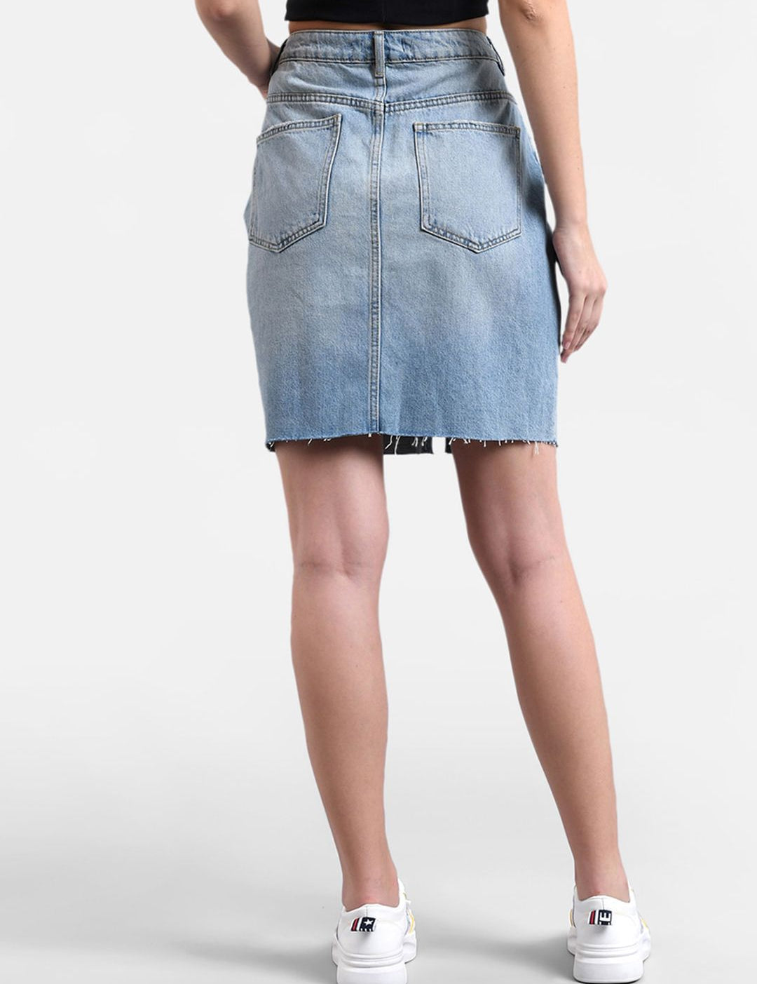 Kotty Women Blue Solid Denim Straight Mini Skirt
