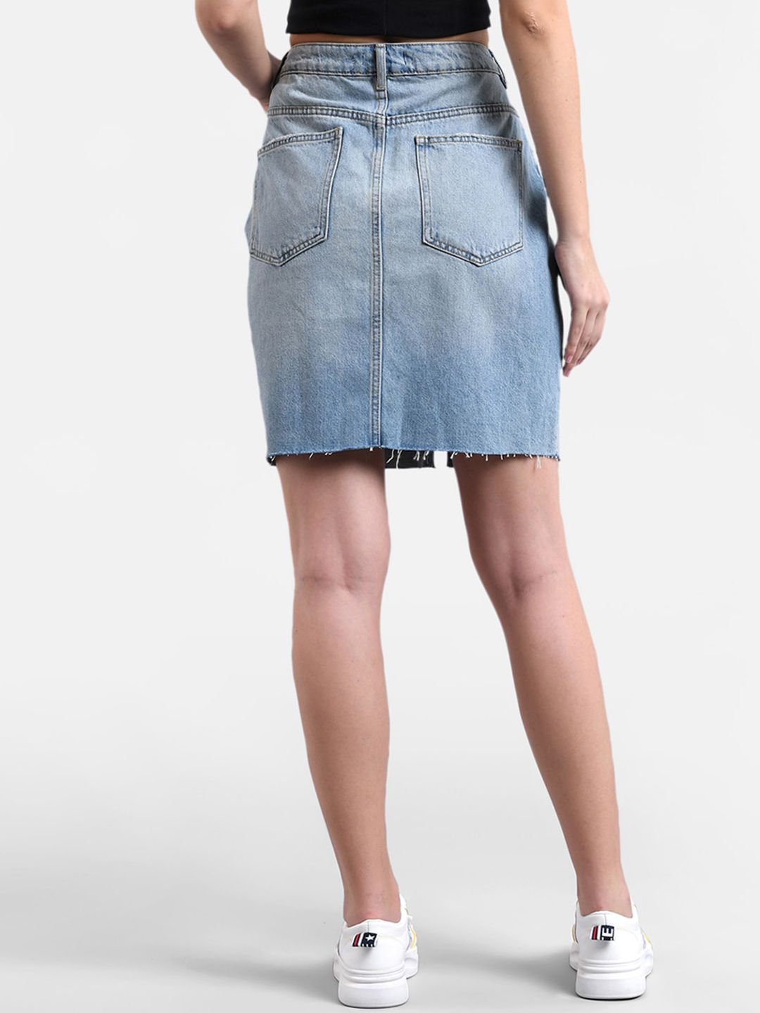 Kotty Women Blue Solid Denim Straight Mini Skirt