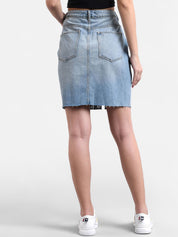 Kotty Women Blue Solid Denim Straight Mini Skirt