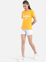 Kotty Women Mustard Yellow & White Printed Round Neck T-shirt