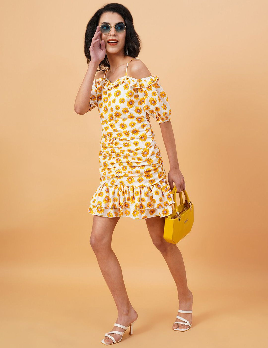 Kotty White & Yellow Floral Printed Cold Shoulder Sleeves Crepe Gathered Sheath