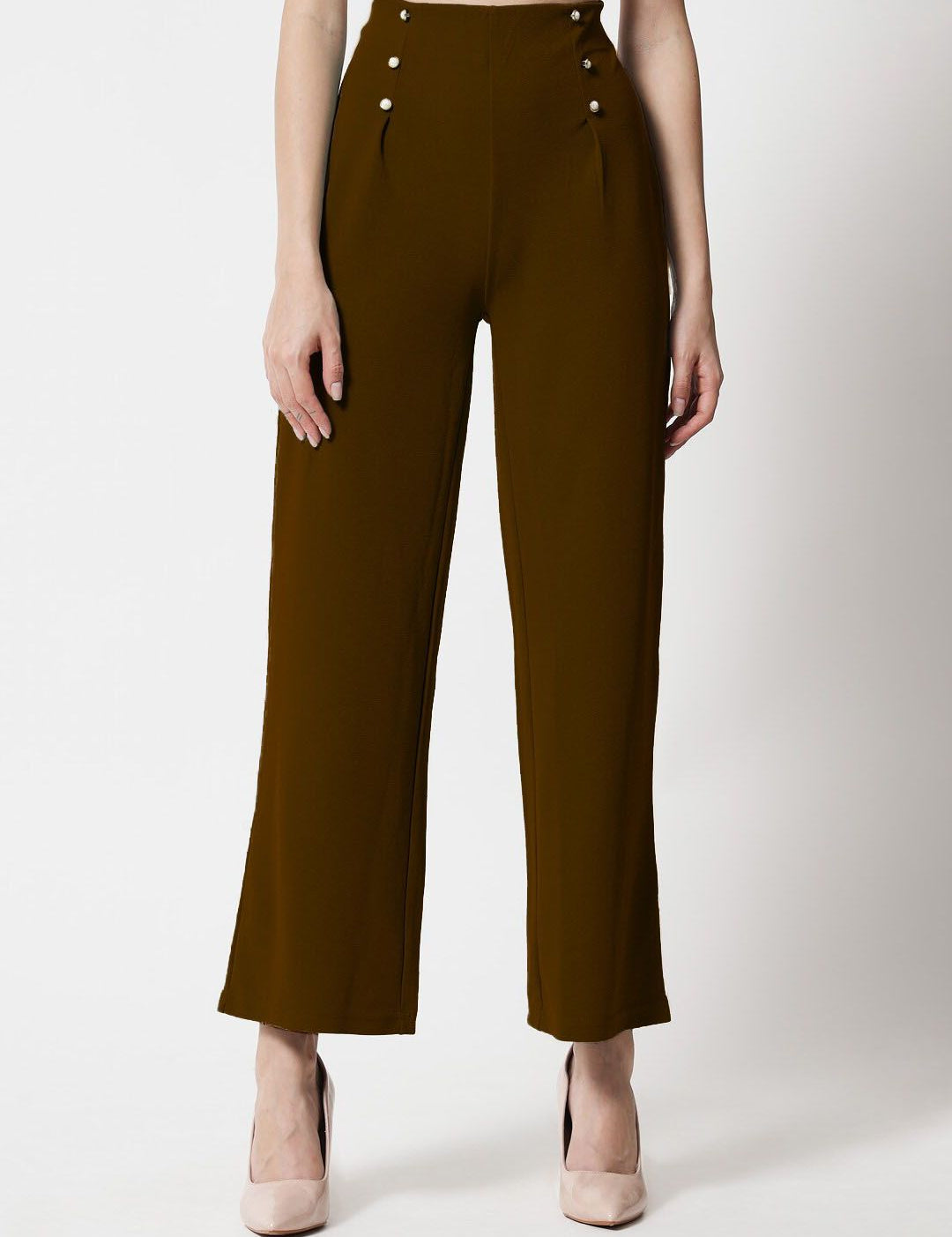 Kotty Women Brown Relaxed Straight Fit High-Rise Easy Wash Trousers
