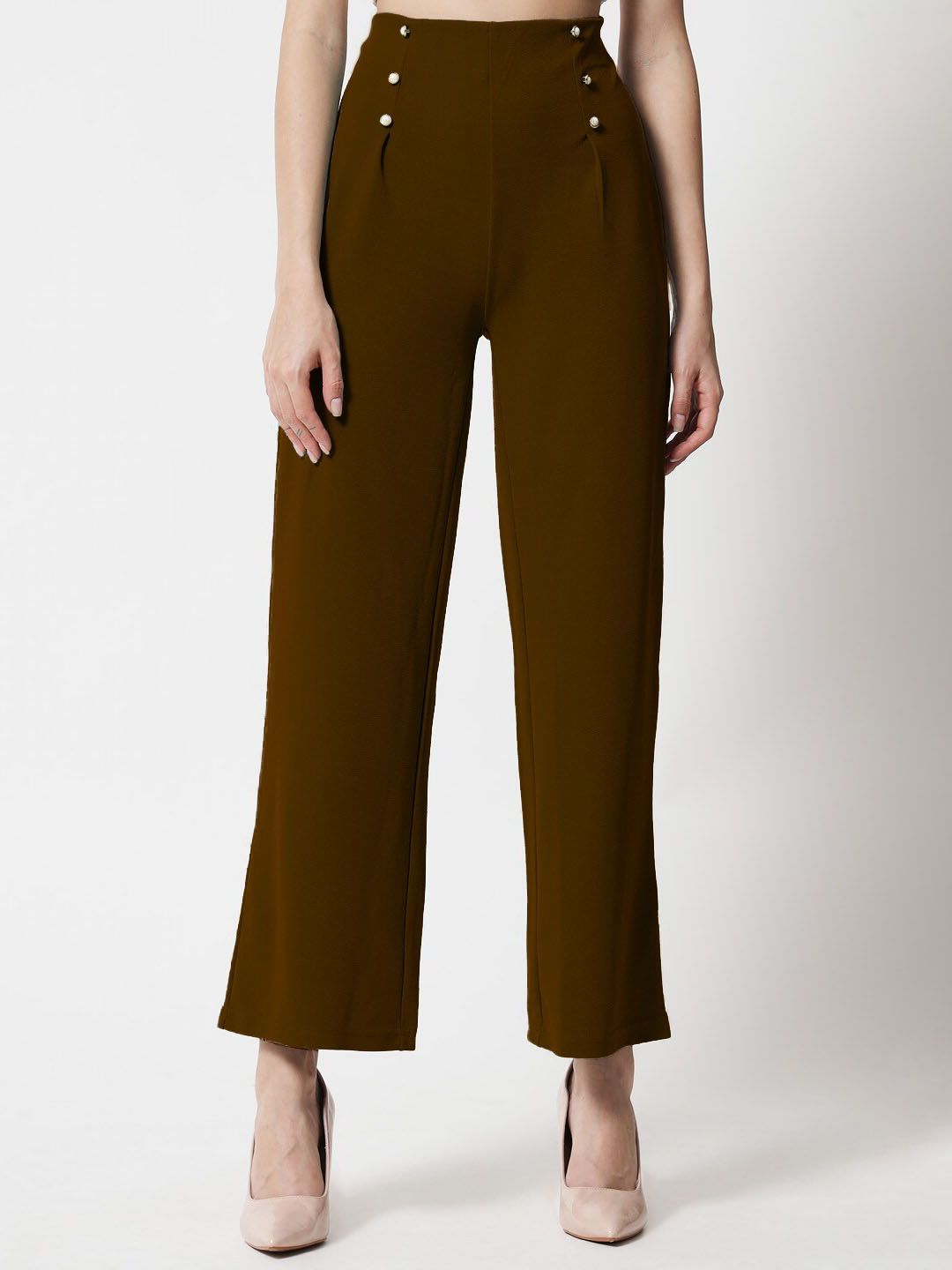Kotty Women Brown Relaxed Straight Fit High-Rise Easy Wash Trousers