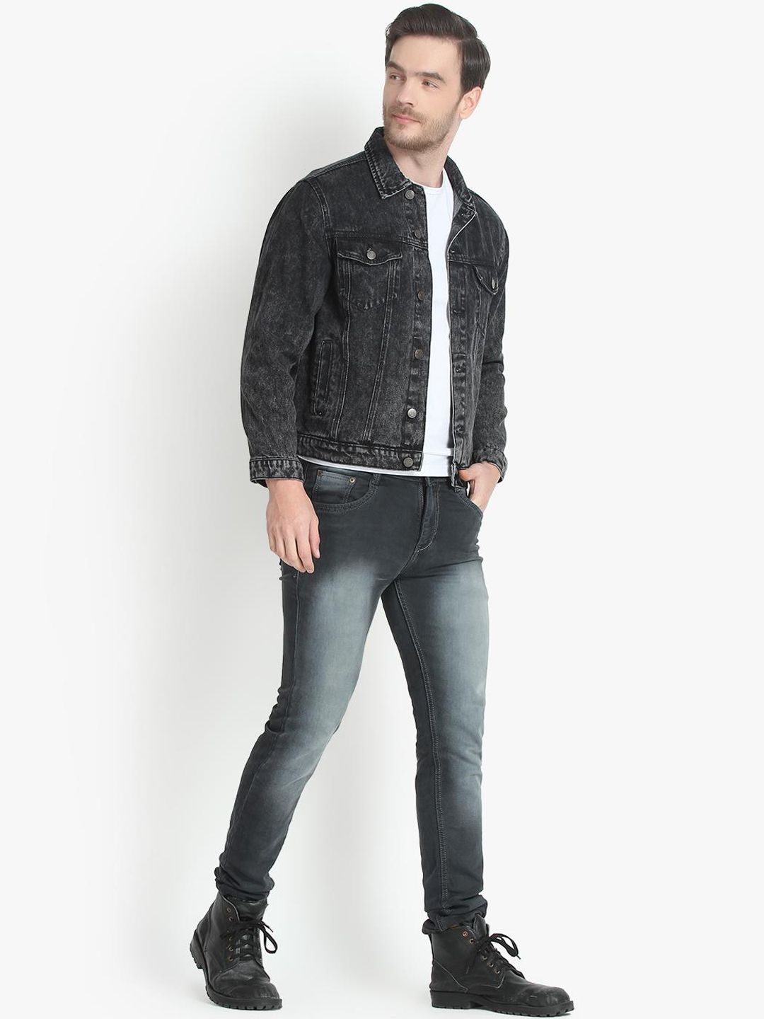 Kotty Men Black Solid Denim Jacket