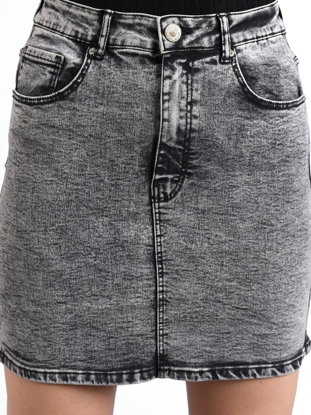 Kotty Women Grey Solid Denim Mini Straight Skirt